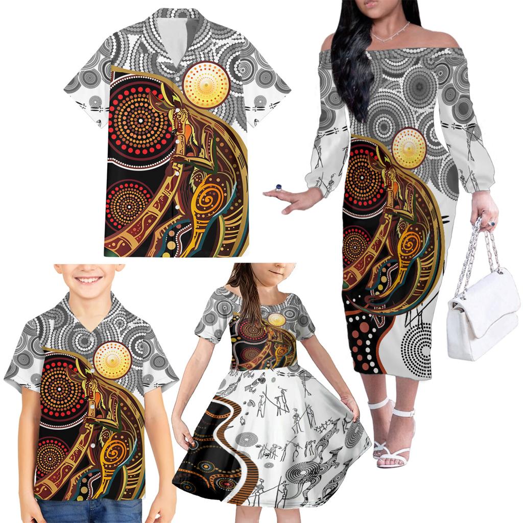 Aboriginal Kangaroo Pattern Dot Art Family Matching Off Shoulder Long Sleeve Dress and Hawaiian Shirt