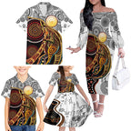 Aboriginal Kangaroo Pattern Dot Art Family Matching Off Shoulder Long Sleeve Dress and Hawaiian Shirt