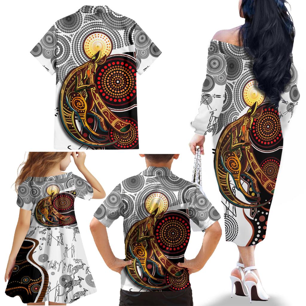 Aboriginal Kangaroo Pattern Dot Art Family Matching Off Shoulder Long Sleeve Dress and Hawaiian Shirt