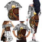 Aboriginal Kangaroo Pattern Dot Art Family Matching Off Shoulder Long Sleeve Dress and Hawaiian Shirt