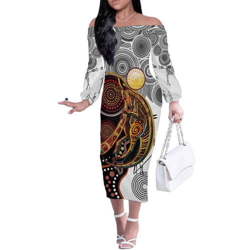 Aboriginal Kangaroo Pattern Dot Art Family Matching Off Shoulder Long Sleeve Dress and Hawaiian Shirt