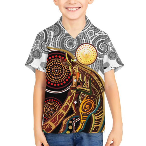 Aboriginal Kangaroo Pattern Dot Art Family Matching Off Shoulder Long Sleeve Dress and Hawaiian Shirt