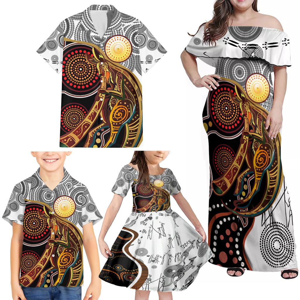 Aboriginal Kangaroo Pattern Dot Art Family Matching Off Shoulder Maxi Dress and Hawaiian Shirt