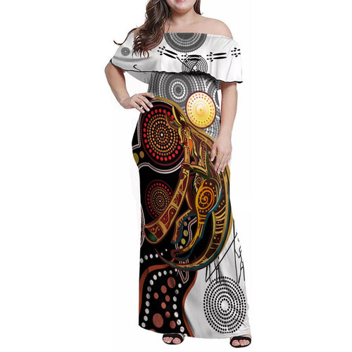 Aboriginal Kangaroo Pattern Dot Art Family Matching Off Shoulder Maxi Dress and Hawaiian Shirt