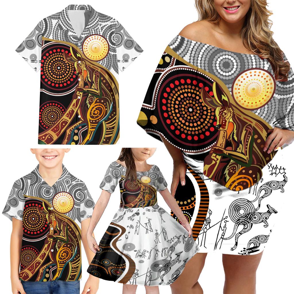Aboriginal Kangaroo Pattern Dot Art Family Matching Off Shoulder Short Dress and Hawaiian Shirt