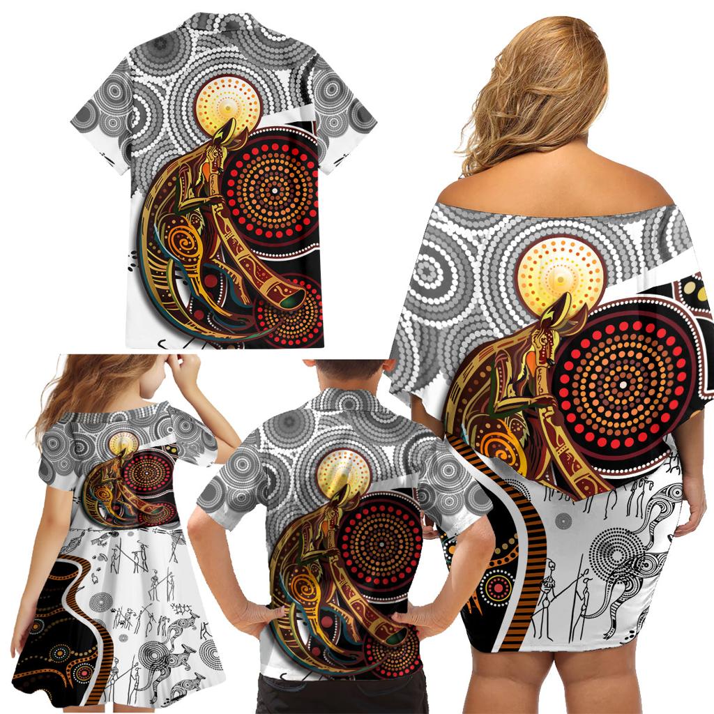 Aboriginal Kangaroo Pattern Dot Art Family Matching Off Shoulder Short Dress and Hawaiian Shirt