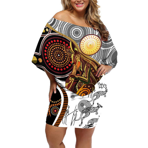 Aboriginal Kangaroo Pattern Dot Art Family Matching Off Shoulder Short Dress and Hawaiian Shirt