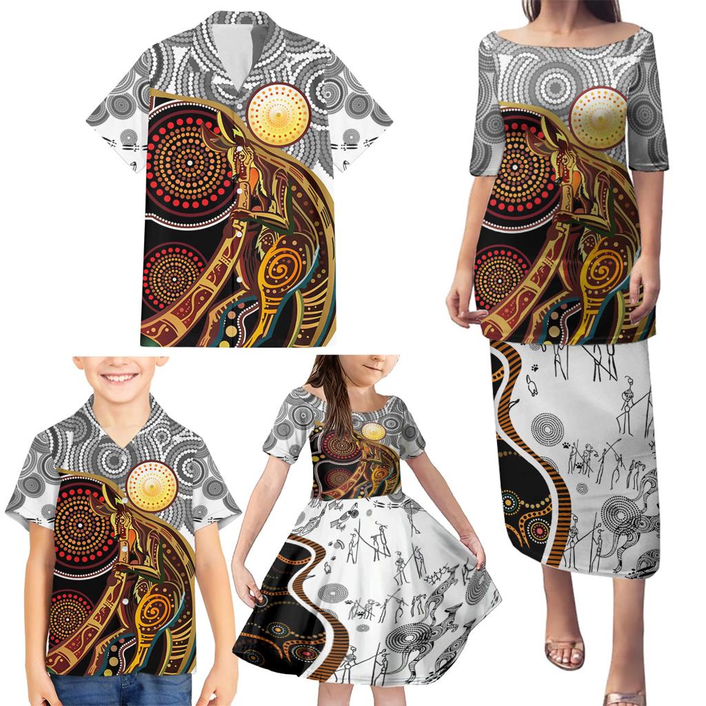 Aboriginal Kangaroo Pattern Dot Art Family Matching Puletasi and Hawaiian Shirt