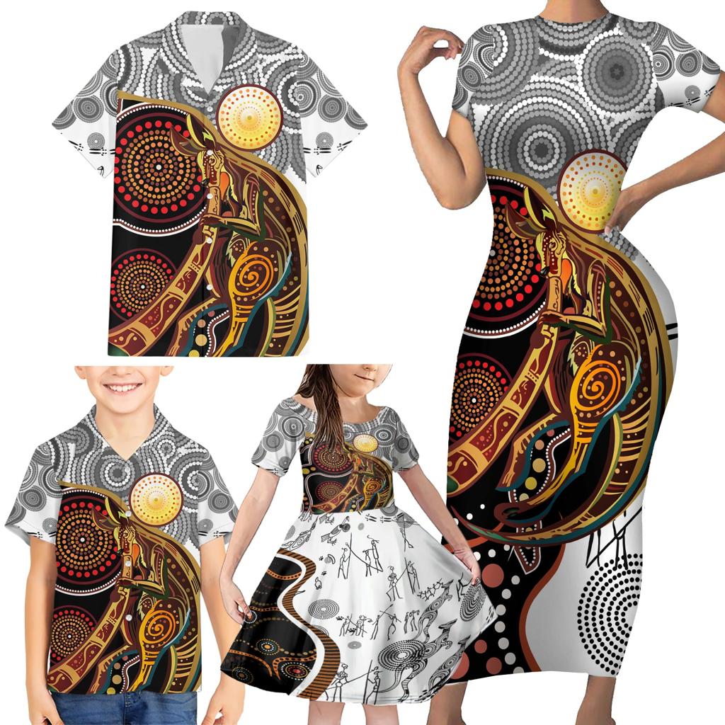 Aboriginal Kangaroo Pattern Dot Art Family Matching Short Sleeve Bodycon Dress and Hawaiian Shirt