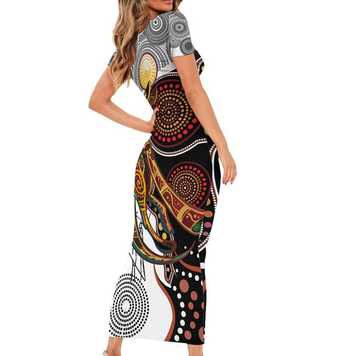 Aboriginal Kangaroo Pattern Dot Art Family Matching Short Sleeve Bodycon Dress and Hawaiian Shirt