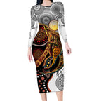 Aboriginal Kangaroo Pattern Dot Art Long Sleeve Bodycon Dress