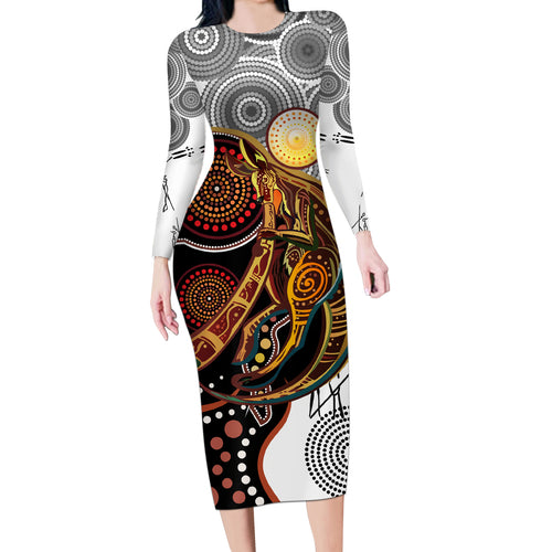 Aboriginal Kangaroo Pattern Dot Art Long Sleeve Bodycon Dress