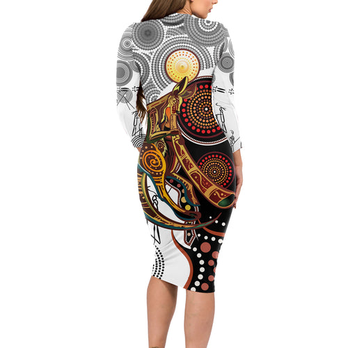 Aboriginal Kangaroo Pattern Dot Art Long Sleeve Bodycon Dress