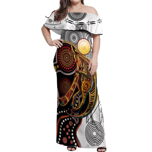 Aboriginal Kangaroo Pattern Dot Art Off Shoulder Maxi Dress