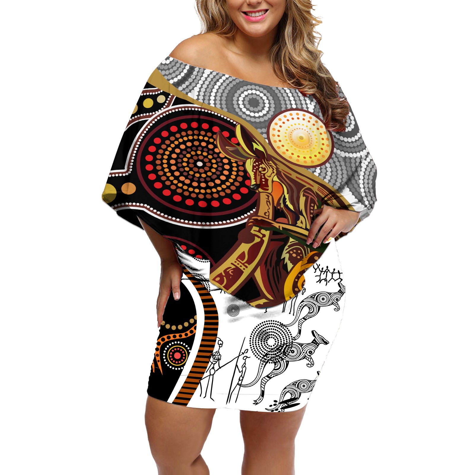 Aboriginal Kangaroo Pattern Dot Art Off Shoulder Short Dress