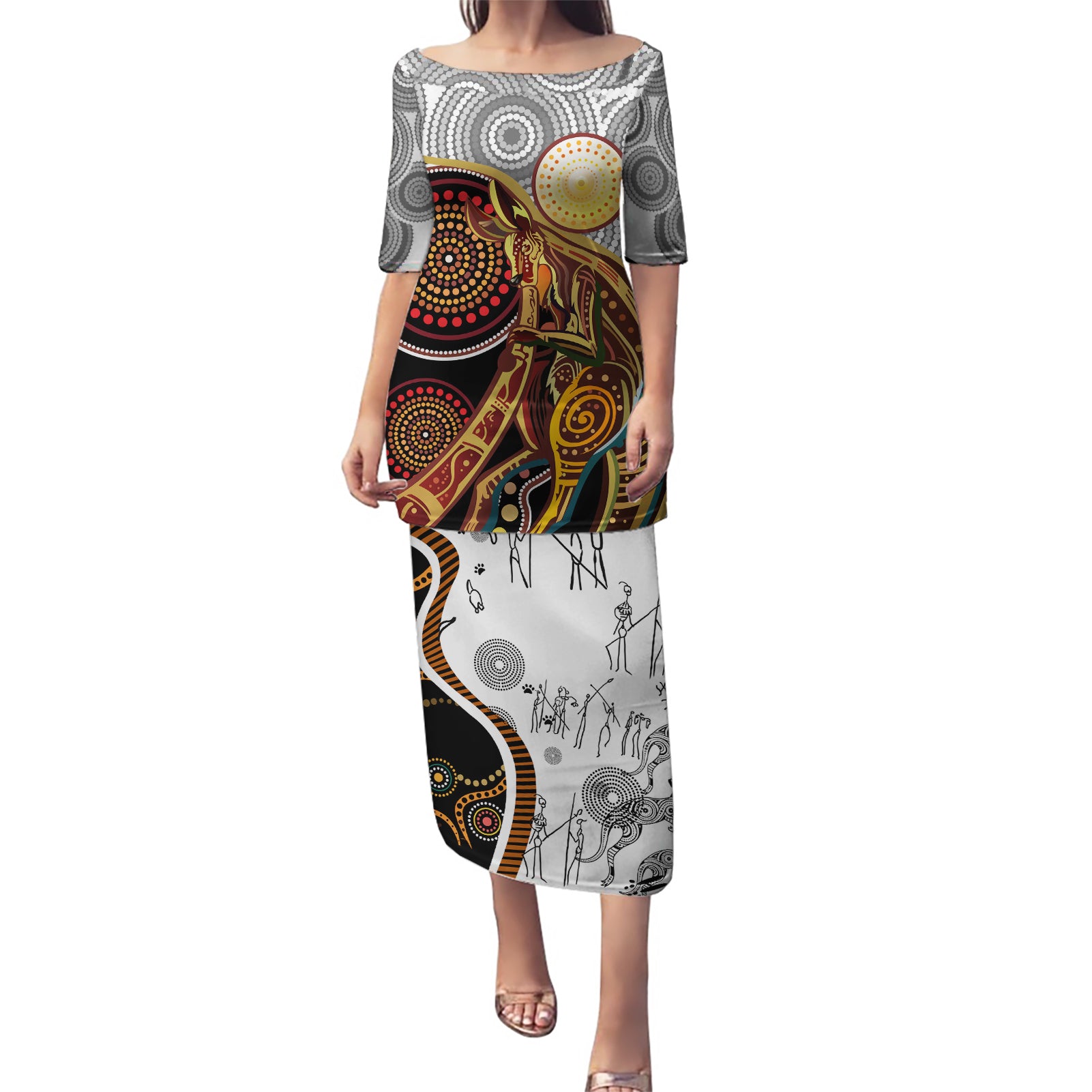Aboriginal Kangaroo Pattern Dot Art Puletasi