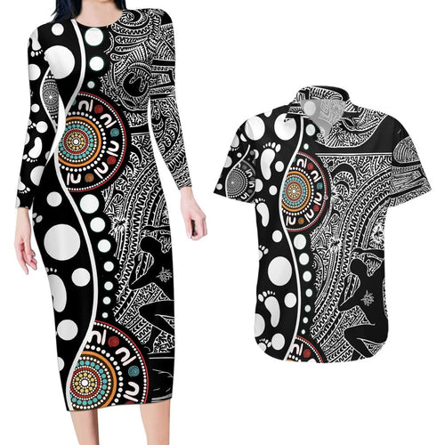 Torest Trait Islands Map Mix Aboriginal Pattern Couples Matching Long Sleeve Bodycon Dress and Hawaiian Shirt