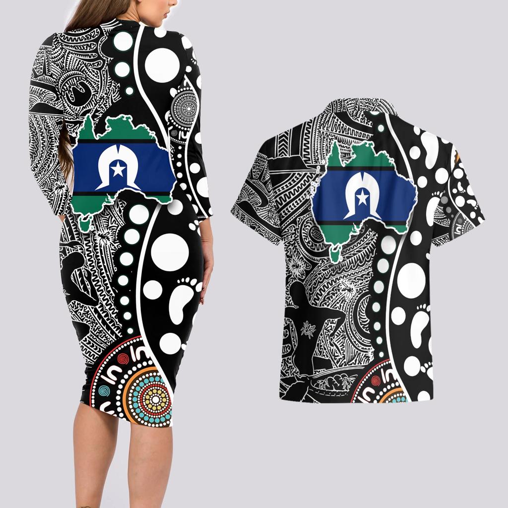 Torest Trait Islands Map Mix Aboriginal Pattern Couples Matching Long Sleeve Bodycon Dress and Hawaiian Shirt