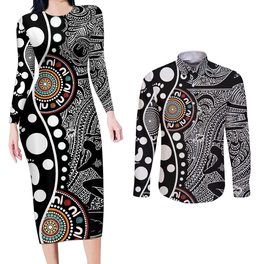 Torest Trait Islands Map Mix Aboriginal Pattern Couples Matching Long Sleeve Bodycon Dress and Long Sleeve Button Shirt
