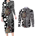 Torest Trait Islands Map Mix Aboriginal Pattern Couples Matching Long Sleeve Bodycon Dress and Long Sleeve Button Shirt