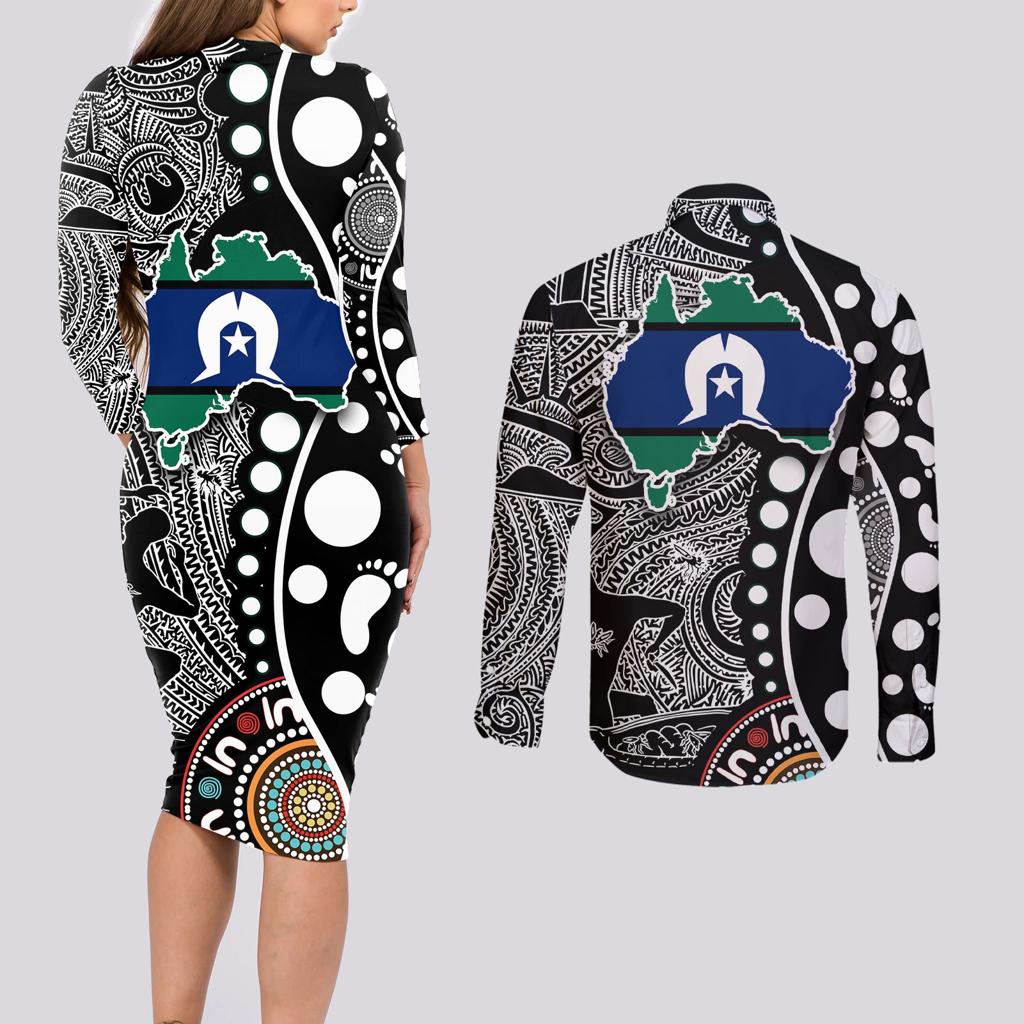 Torest Trait Islands Map Mix Aboriginal Pattern Couples Matching Long Sleeve Bodycon Dress and Long Sleeve Button Shirt
