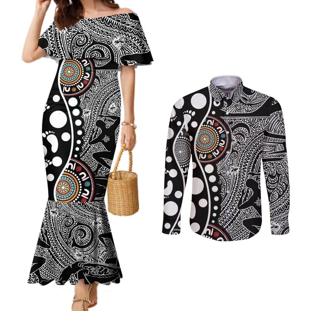 Torest Trait Islands Map Mix Aboriginal Pattern Couples Matching Mermaid Dress and Long Sleeve Button Shirt