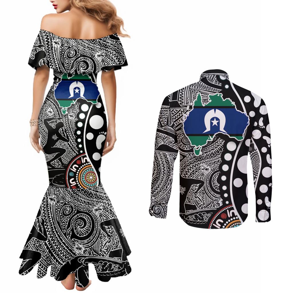 Torest Trait Islands Map Mix Aboriginal Pattern Couples Matching Mermaid Dress and Long Sleeve Button Shirt