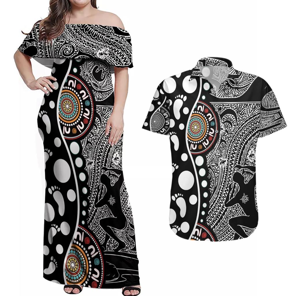 Torest Trait Islands Map Mix Aboriginal Pattern Couples Matching Off Shoulder Maxi Dress and Hawaiian Shirt