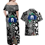 Torest Trait Islands Map Mix Aboriginal Pattern Couples Matching Off Shoulder Maxi Dress and Hawaiian Shirt