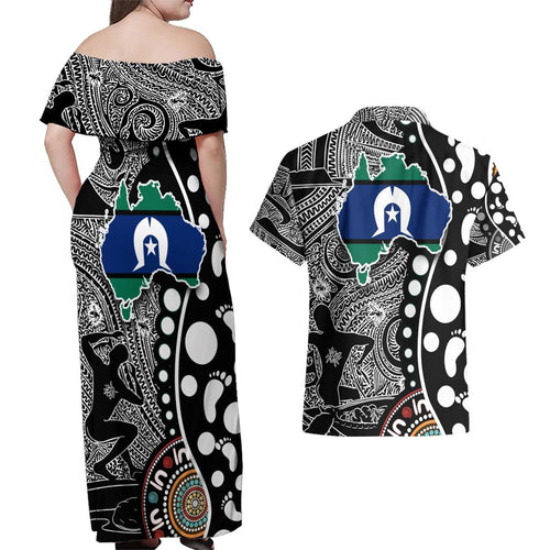 Torest Trait Islands Map Mix Aboriginal Pattern Couples Matching Off Shoulder Maxi Dress and Hawaiian Shirt