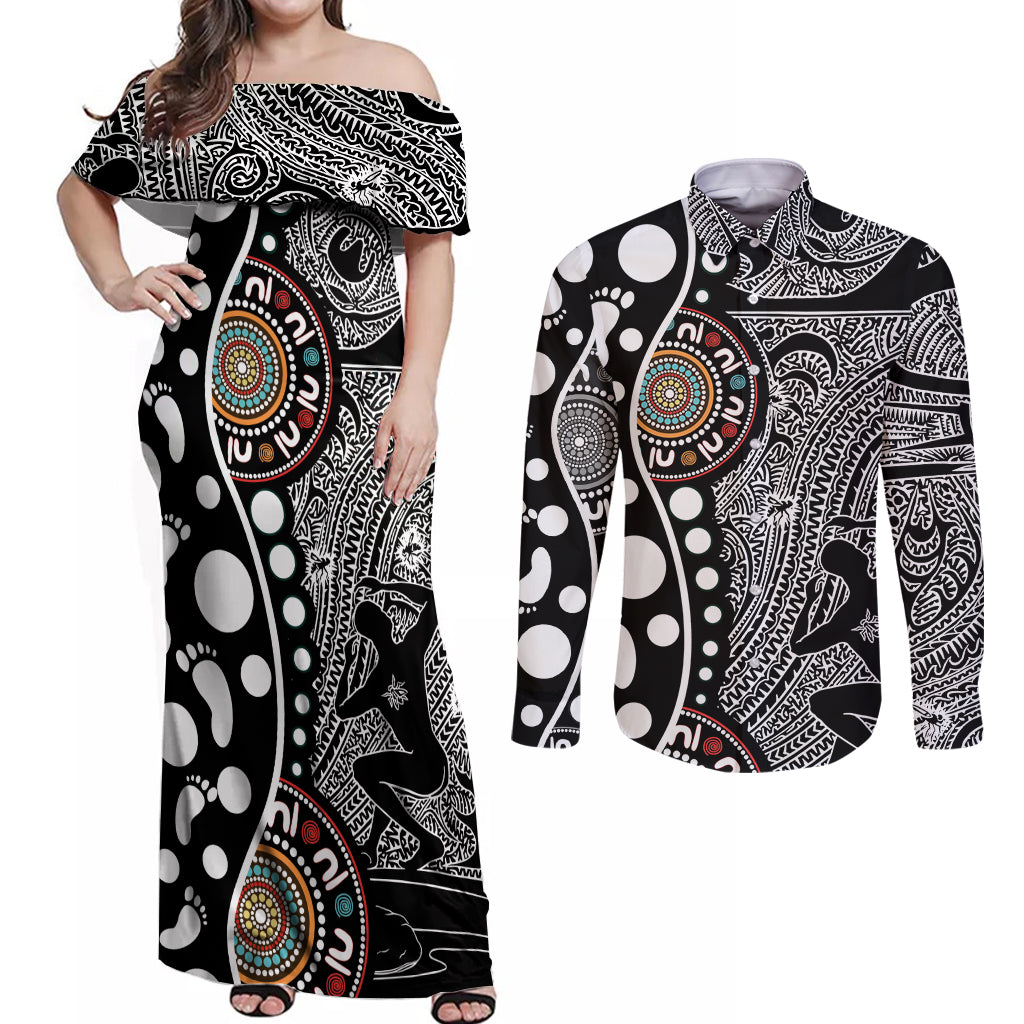 Torest Trait Islands Map Mix Aboriginal Pattern Couples Matching Off Shoulder Maxi Dress and Long Sleeve Button Shirt