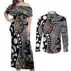 Torest Trait Islands Map Mix Aboriginal Pattern Couples Matching Off Shoulder Maxi Dress and Long Sleeve Button Shirt