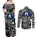 Torest Trait Islands Map Mix Aboriginal Pattern Couples Matching Off Shoulder Maxi Dress and Long Sleeve Button Shirt