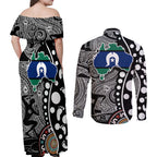 Torest Trait Islands Map Mix Aboriginal Pattern Couples Matching Off Shoulder Maxi Dress and Long Sleeve Button Shirt