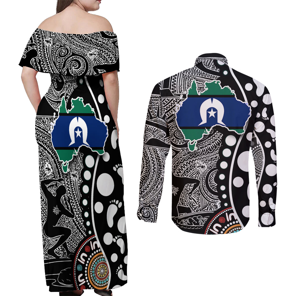 Torest Trait Islands Map Mix Aboriginal Pattern Couples Matching Off Shoulder Maxi Dress and Long Sleeve Button Shirt