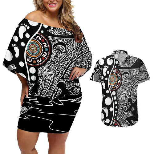 Torest Trait Islands Map Mix Aboriginal Pattern Couples Matching Off Shoulder Short Dress and Hawaiian Shirt
