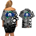 Torest Trait Islands Map Mix Aboriginal Pattern Couples Matching Off Shoulder Short Dress and Hawaiian Shirt
