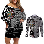 Torest Trait Islands Map Mix Aboriginal Pattern Couples Matching Off Shoulder Short Dress and Long Sleeve Button Shirt