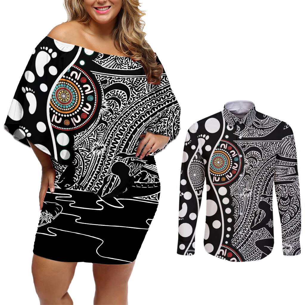 Torest Trait Islands Map Mix Aboriginal Pattern Couples Matching Off Shoulder Short Dress and Long Sleeve Button Shirt