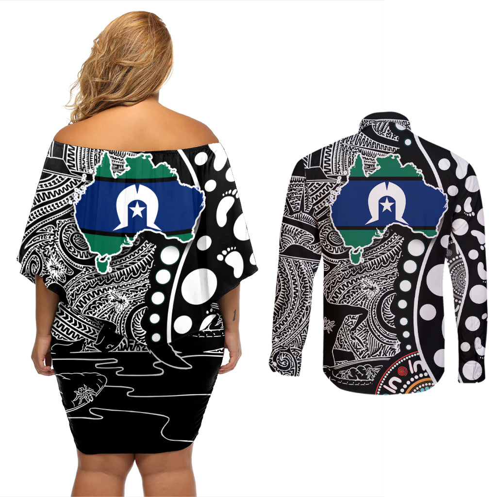 Torest Trait Islands Map Mix Aboriginal Pattern Couples Matching Off Shoulder Short Dress and Long Sleeve Button Shirt