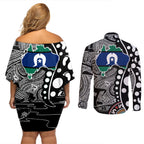 Torest Trait Islands Map Mix Aboriginal Pattern Couples Matching Off Shoulder Short Dress and Long Sleeve Button Shirt