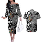 Torest Trait Islands Map Mix Aboriginal Pattern Couples Matching Off The Shoulder Long Sleeve Dress and Hawaiian Shirt