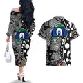 Torest Trait Islands Map Mix Aboriginal Pattern Couples Matching Off The Shoulder Long Sleeve Dress and Hawaiian Shirt