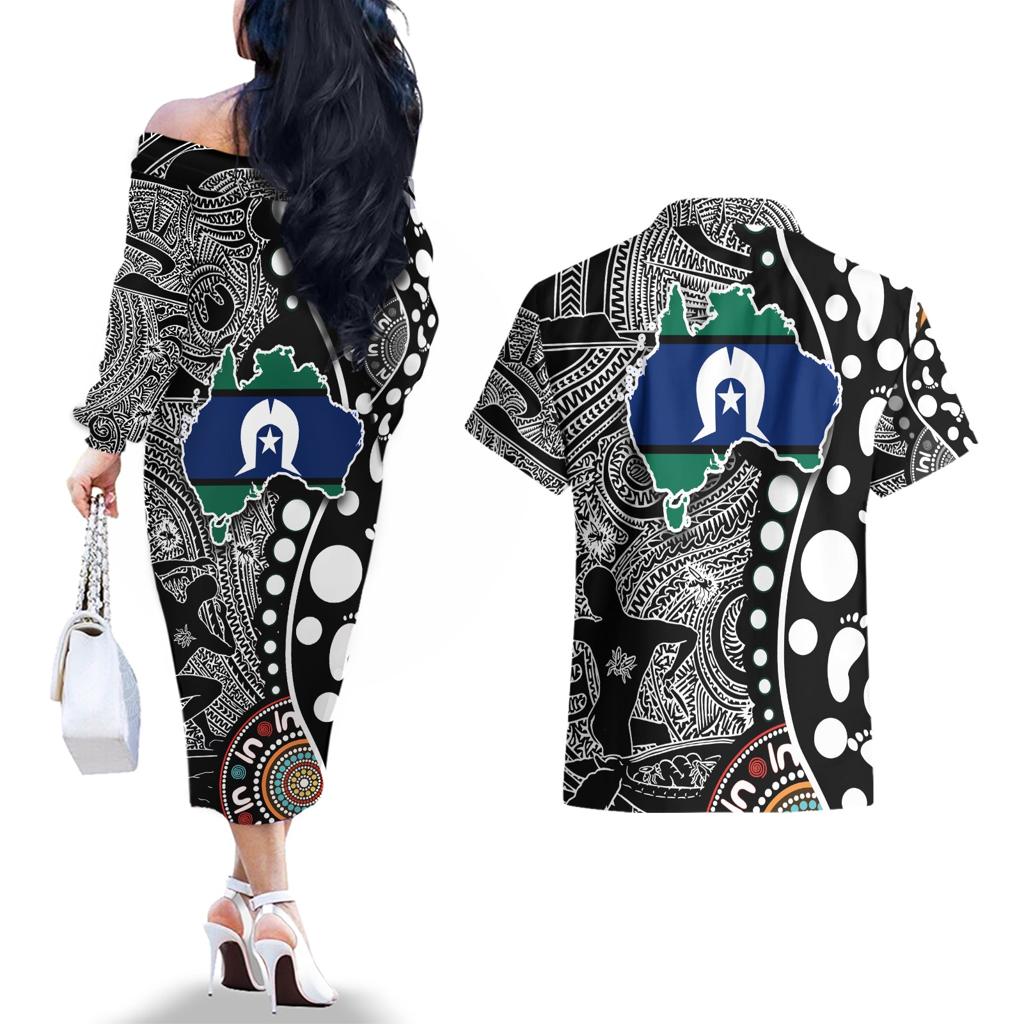 Torest Trait Islands Map Mix Aboriginal Pattern Couples Matching Off The Shoulder Long Sleeve Dress and Hawaiian Shirt