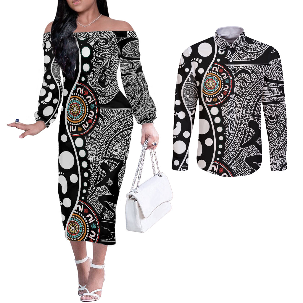 Torest Trait Islands Map Mix Aboriginal Pattern Couples Matching Off The Shoulder Long Sleeve Dress and Long Sleeve Button Shirt