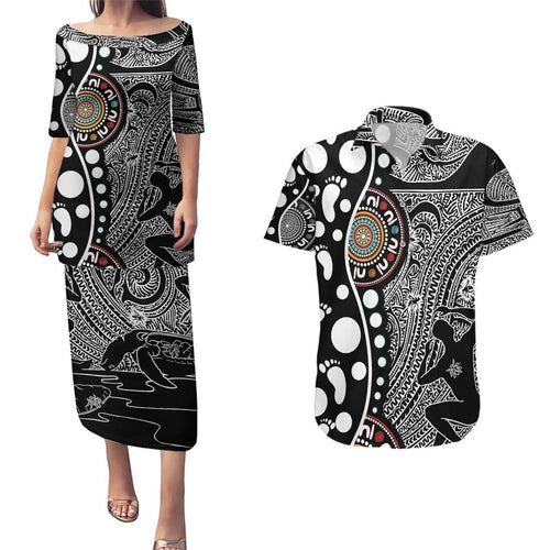 Torest Trait Islands Map Mix Aboriginal Pattern Couples Matching Puletasi and Hawaiian Shirt