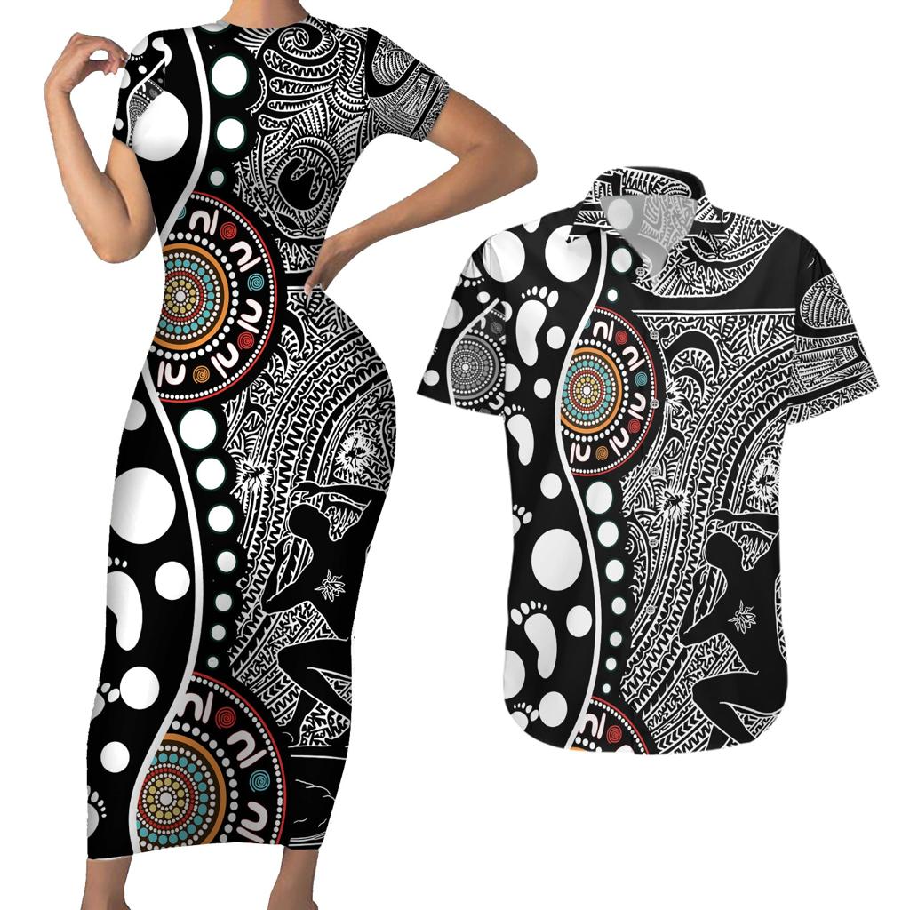 Torest Trait Islands Map Mix Aboriginal Pattern Couples Matching Short Sleeve Bodycon Dress and Hawaiian Shirt