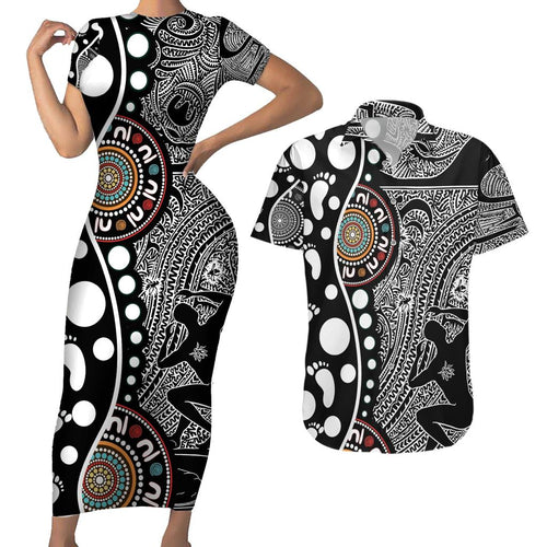 Torest Trait Islands Map Mix Aboriginal Pattern Couples Matching Short Sleeve Bodycon Dress and Hawaiian Shirt
