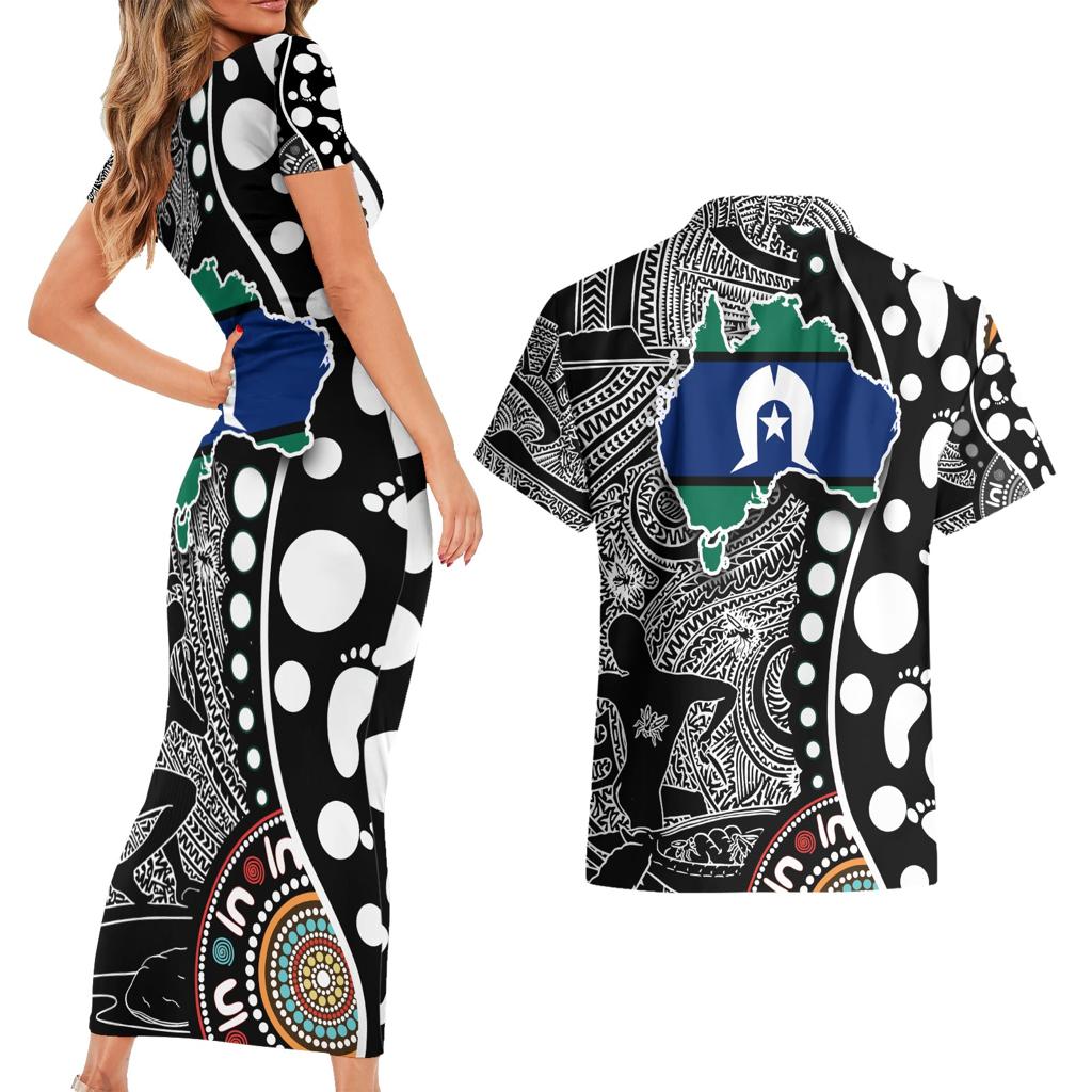 Torest Trait Islands Map Mix Aboriginal Pattern Couples Matching Short Sleeve Bodycon Dress and Hawaiian Shirt
