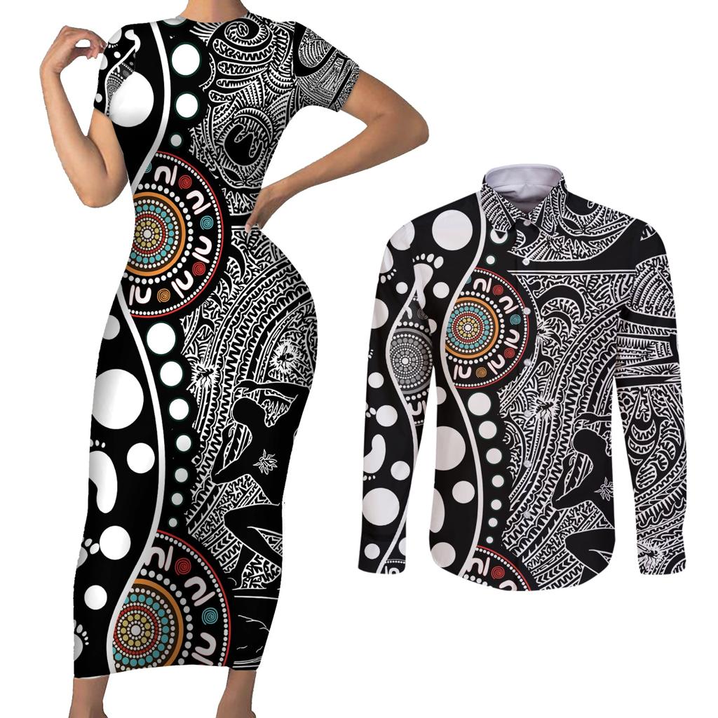 Torest Trait Islands Map Mix Aboriginal Pattern Couples Matching Short Sleeve Bodycon Dress and Long Sleeve Button Shirt